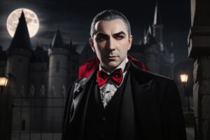Count Dracula is a tall and imposing figure, his presence commanding attention in any room. His features are sharp and aristocratic, with a high forehead, piercing eyes that gleam with a supernatural intensity, and a well-groomed mustache that adds an air of sophistication to his otherwise otherworldly appearance. His skin is deathly pale, a stark contrast to his dark, perfectly groomed hair that frames his face in waves.